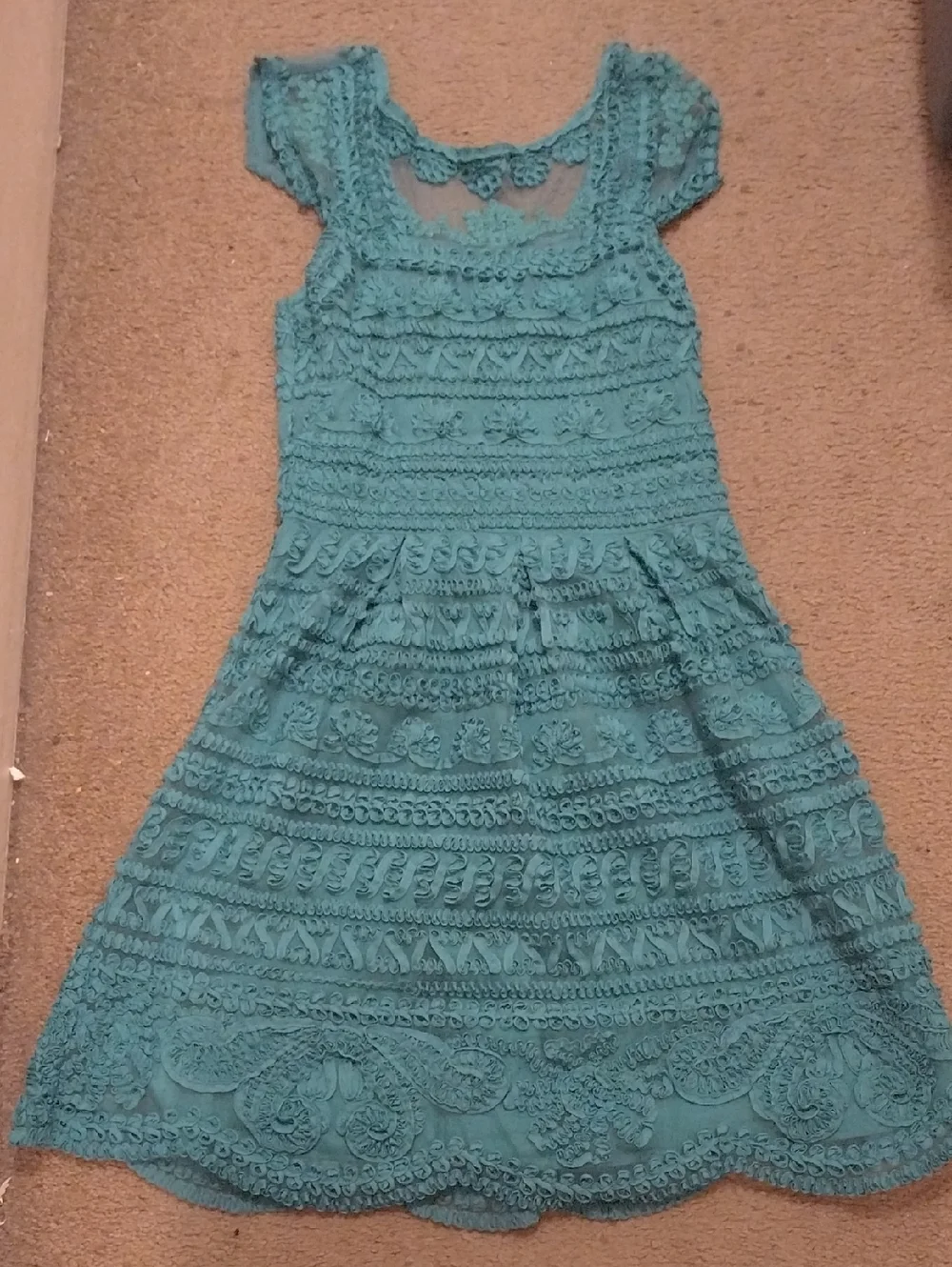 NWOT Anthropologie Yoana Baraschi Teal Lace Cap-Sleeve Mini Dress Sz 4 - Picture 2 of 4
